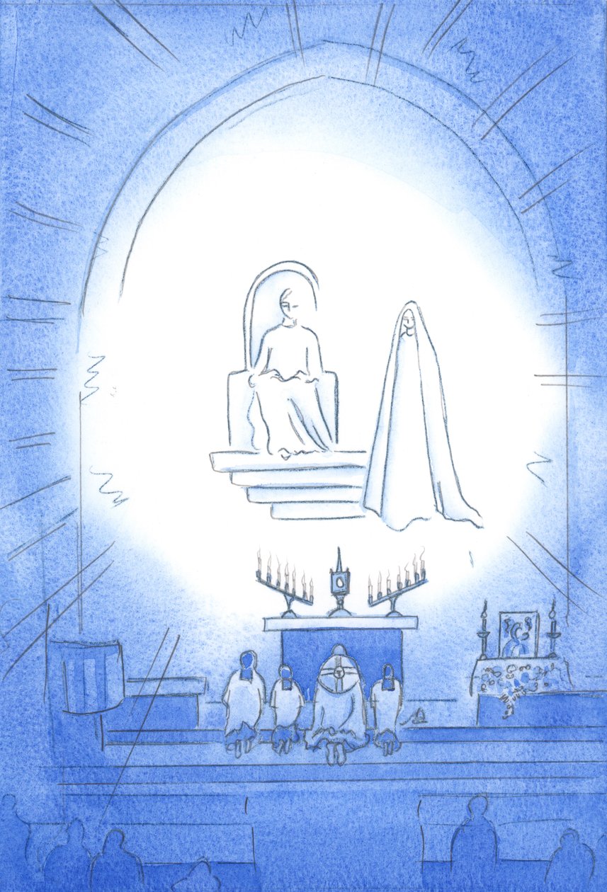 Kristus troner over oss, i herlighet, ved vår Novena og velsignelse, som er som en himmelsk fest. Vår mor Mary står glad i nærheten, 2002 (w/c på papir) av Elizabeth Wang