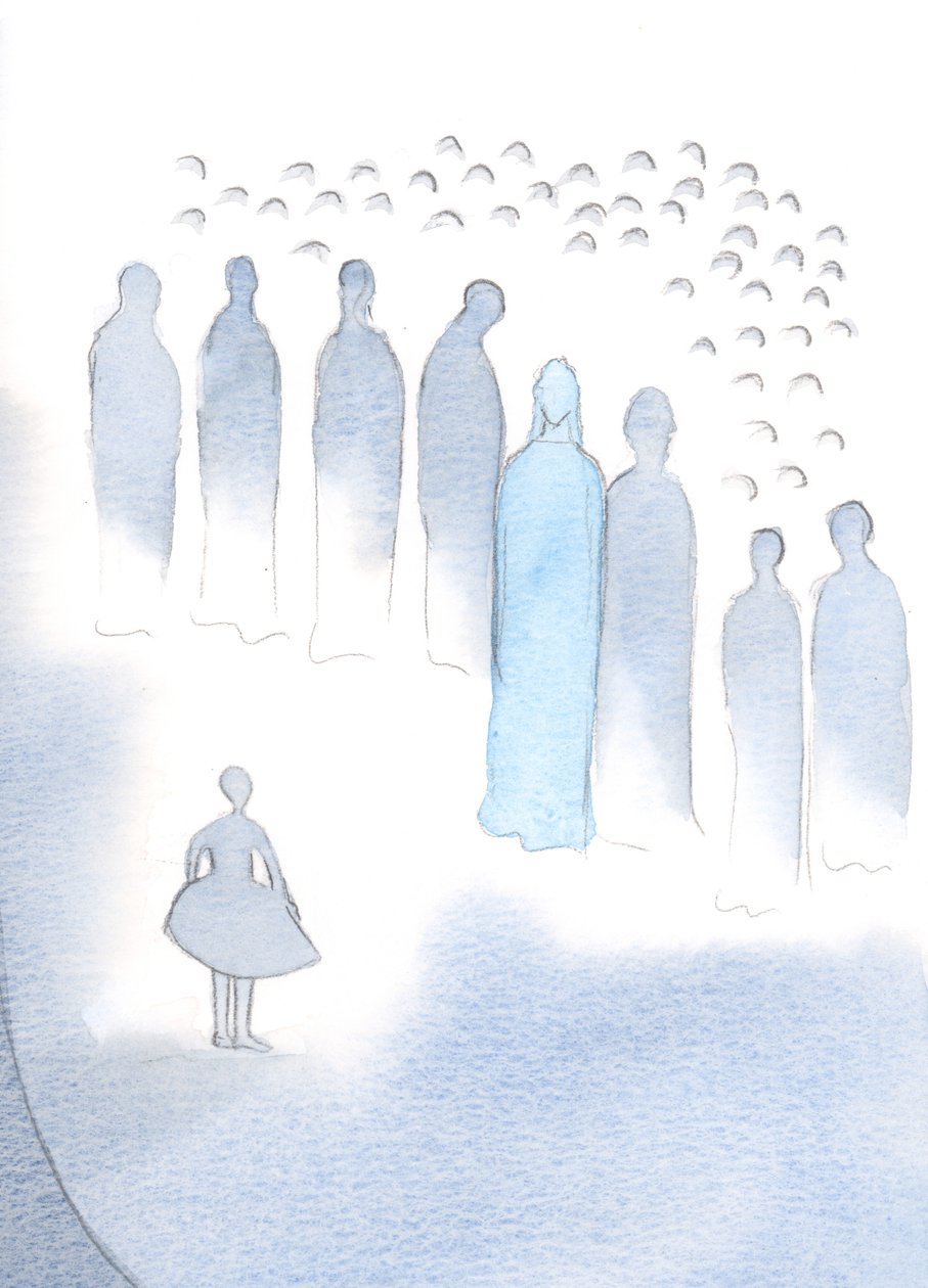 Kristus lytter med glede når vi bringer noe til ham, som et barn på en konsert, men han lytter mest glede når vi åpner våre hjerter i full tillit., 2000 (w/c på papir) av Elizabeth Wang