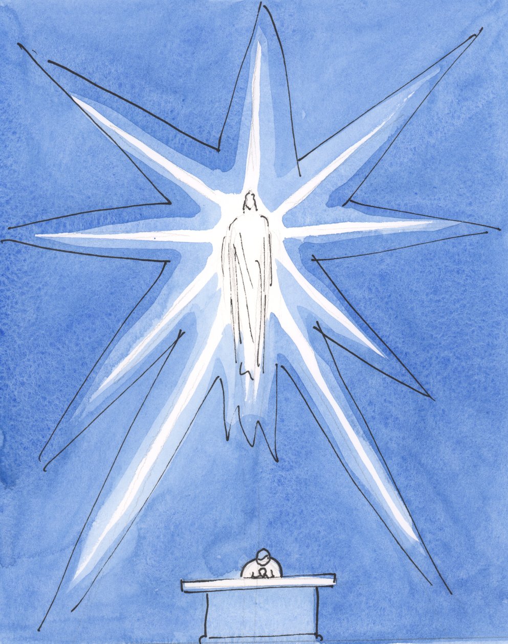 Kristus vår Gud er virkelig tilstede hos oss, i sin herlighet, ved innvielsen, flammet av hellighet, 2004 (w/c på papir) av Elizabeth Wang