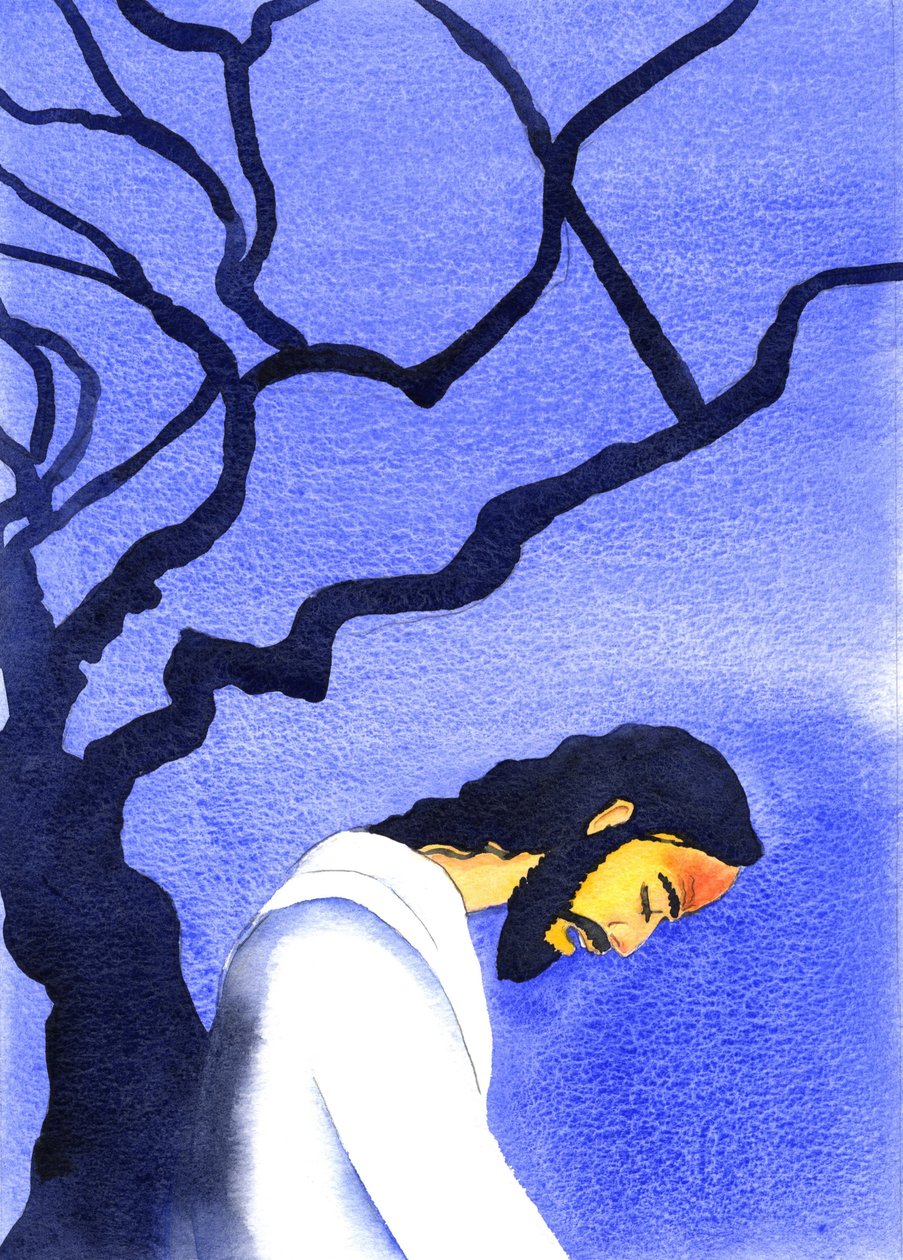 Kristus ba i smerte til sin Far, i Getsemane, svett blod, tenkte på grusomhetene som venter, 2001 (w/c på papir) av Elizabeth Wang