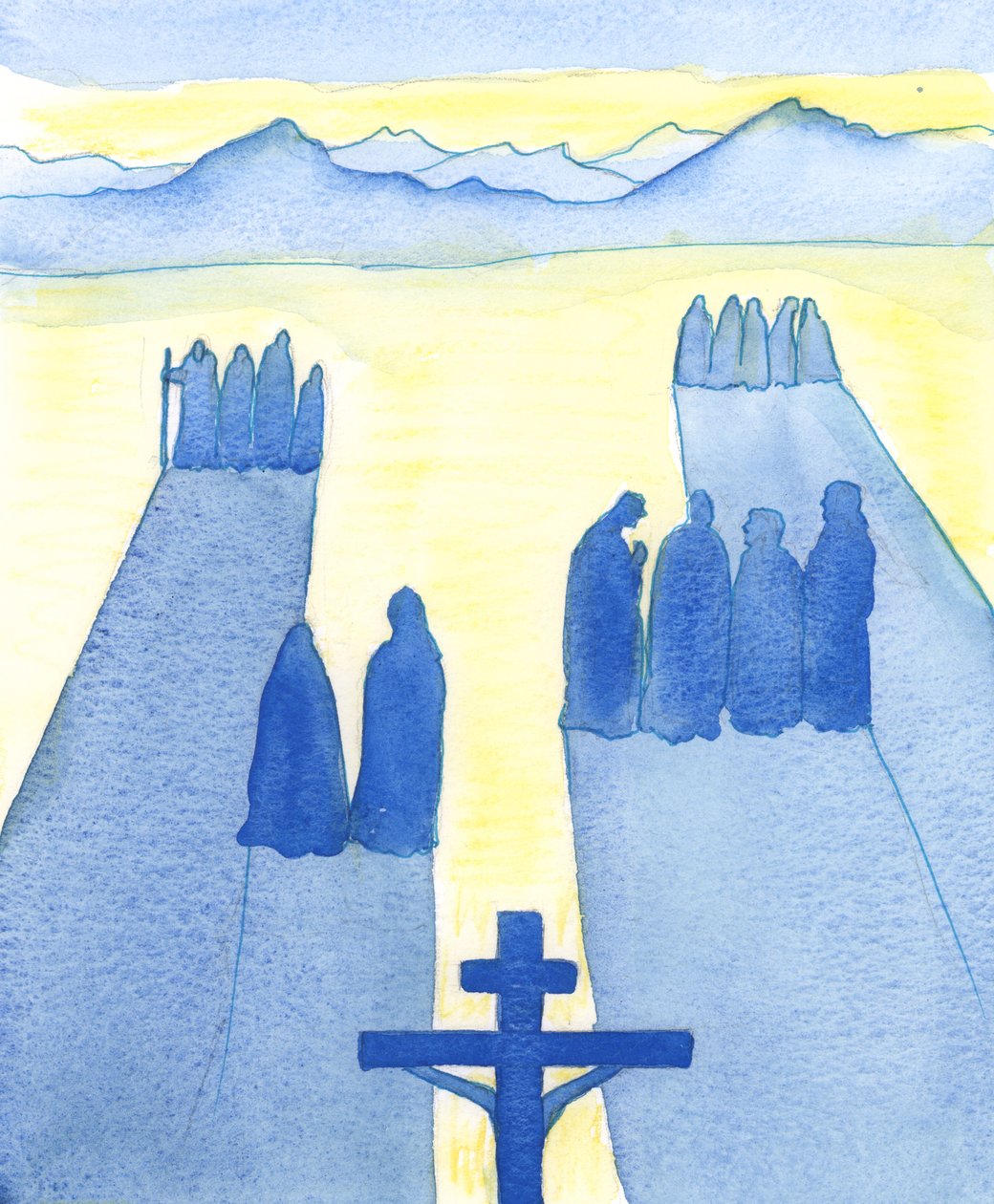 Kristus så, fra korset, en mengde tilskuere: de forvirrede, de nysgjerrige, de fiendtlige og de sympatiske, 2003 (w/c på papir) av Elizabeth Wang