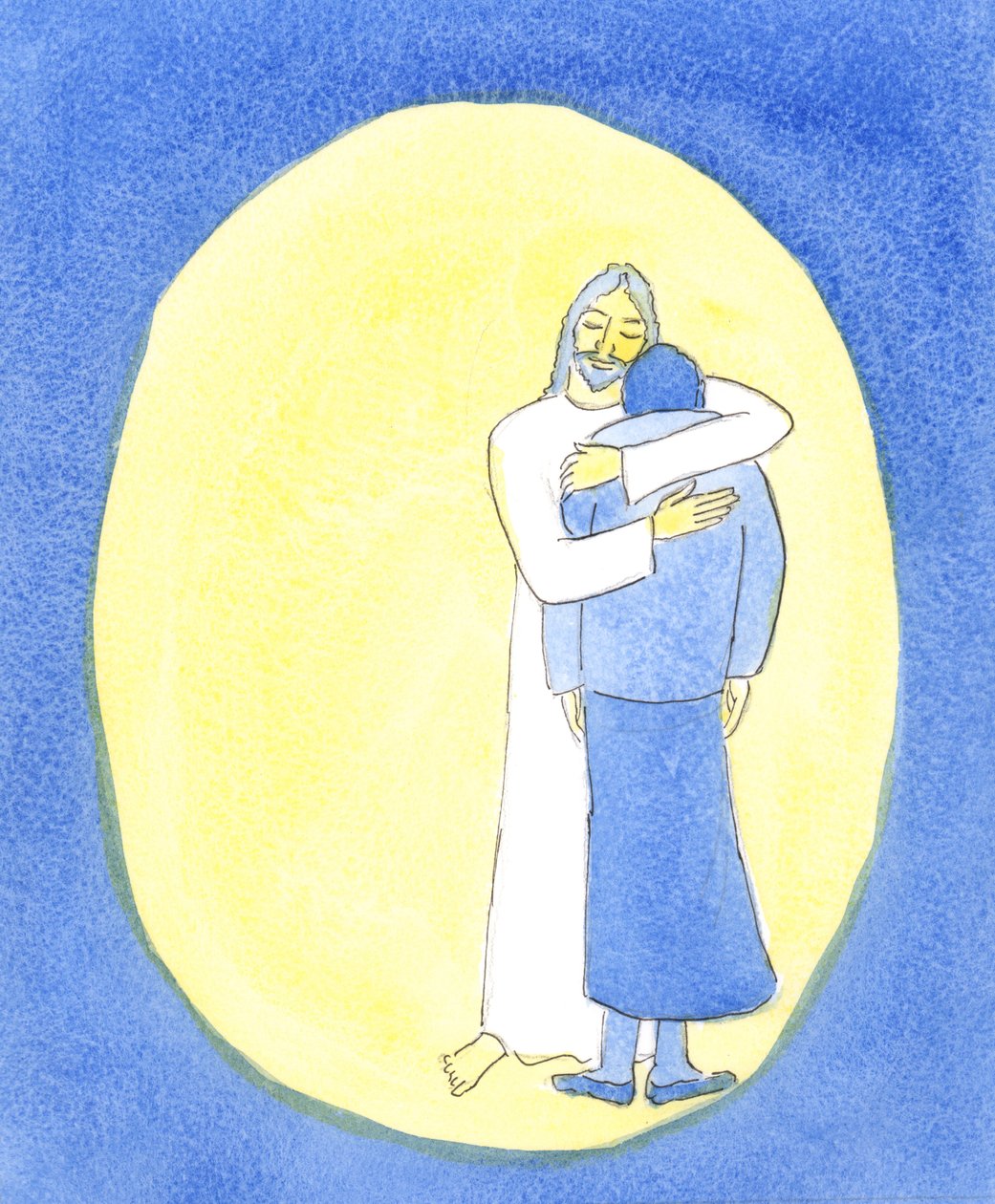 Kristus viste meg i nattverden at han klemte meg, som man klemmer et barn for å trøste henne, for å hjelpe meg gjennom mine vanskeligheter., 2004 (w/c på papir) av Elizabeth Wang