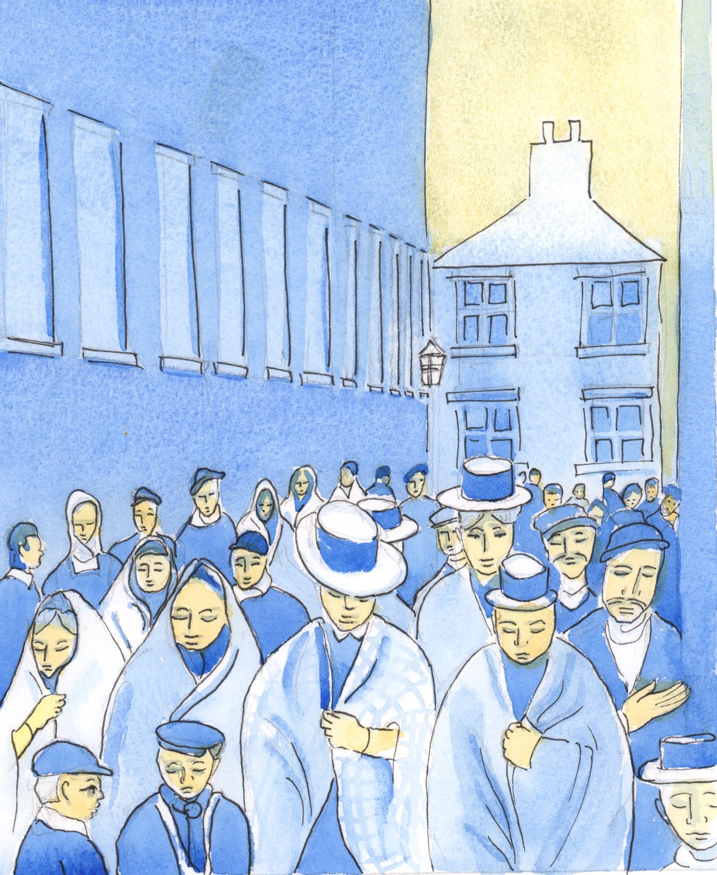 Kristus viste meg at alle de menneskene i den hundre år gamle nyhetsfilmen nå er døde, og er i himmelen eller helvete eller skjærsilden, 2004 (w/c på papir) av Elizabeth Wang