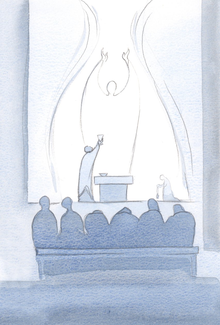 Kristi offerbønn er fullkommen. Den tilhører oss, og den inkluderer alle våre behov., 2000 (w/c på papir) av Elizabeth Wang