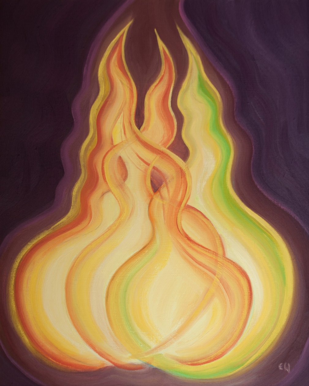 Hver guddommelig person, hver flamme, har den samme guddommelige natur. Sammen er de én Gud, én ild, 2002 (olje om bord) av Elizabeth Wang