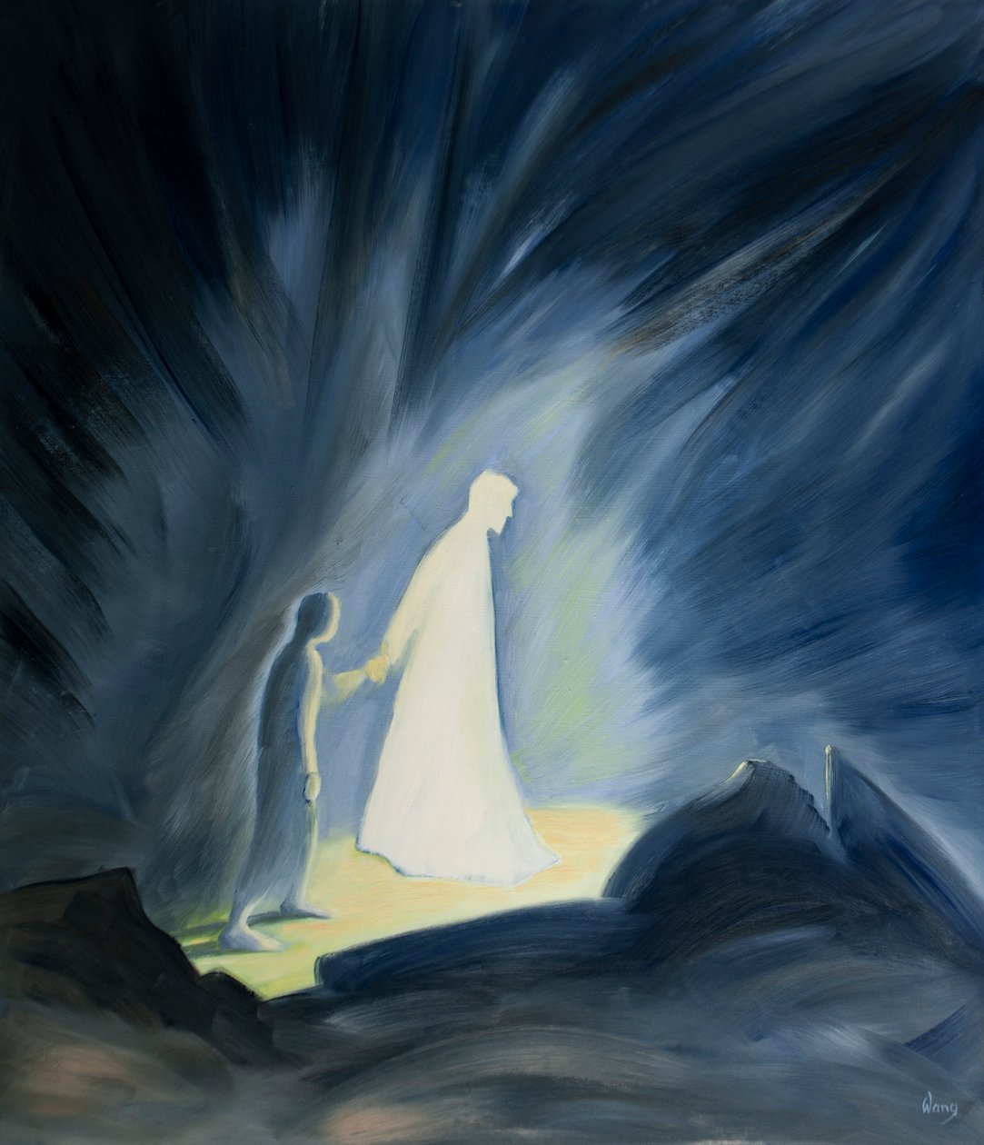 Selv i mørket av våre lidelser trøster og veileder Jesus oss, 2001 (olje om bord) av Elizabeth Wang