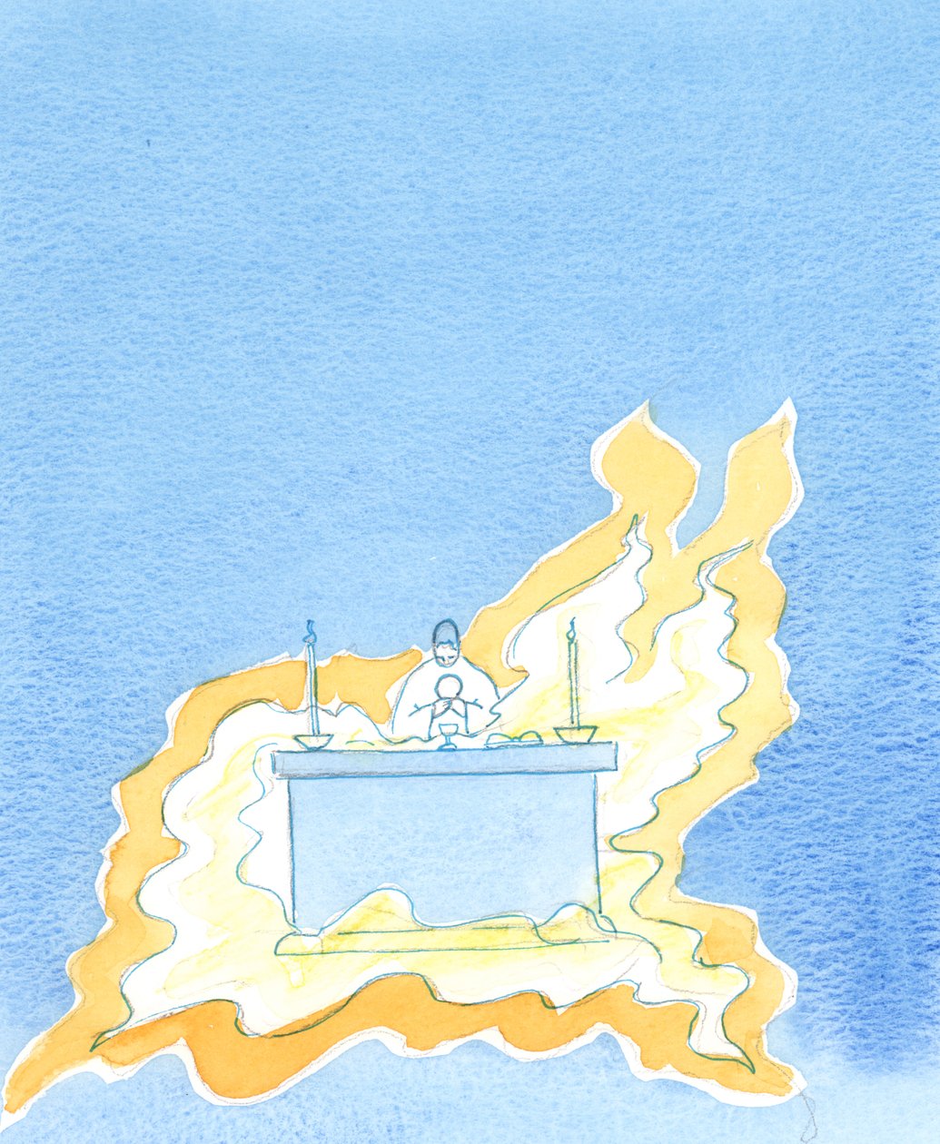 Flammer bølger ut fra forsiden av alteret, 2003 (w/c på papir) av Elizabeth Wang