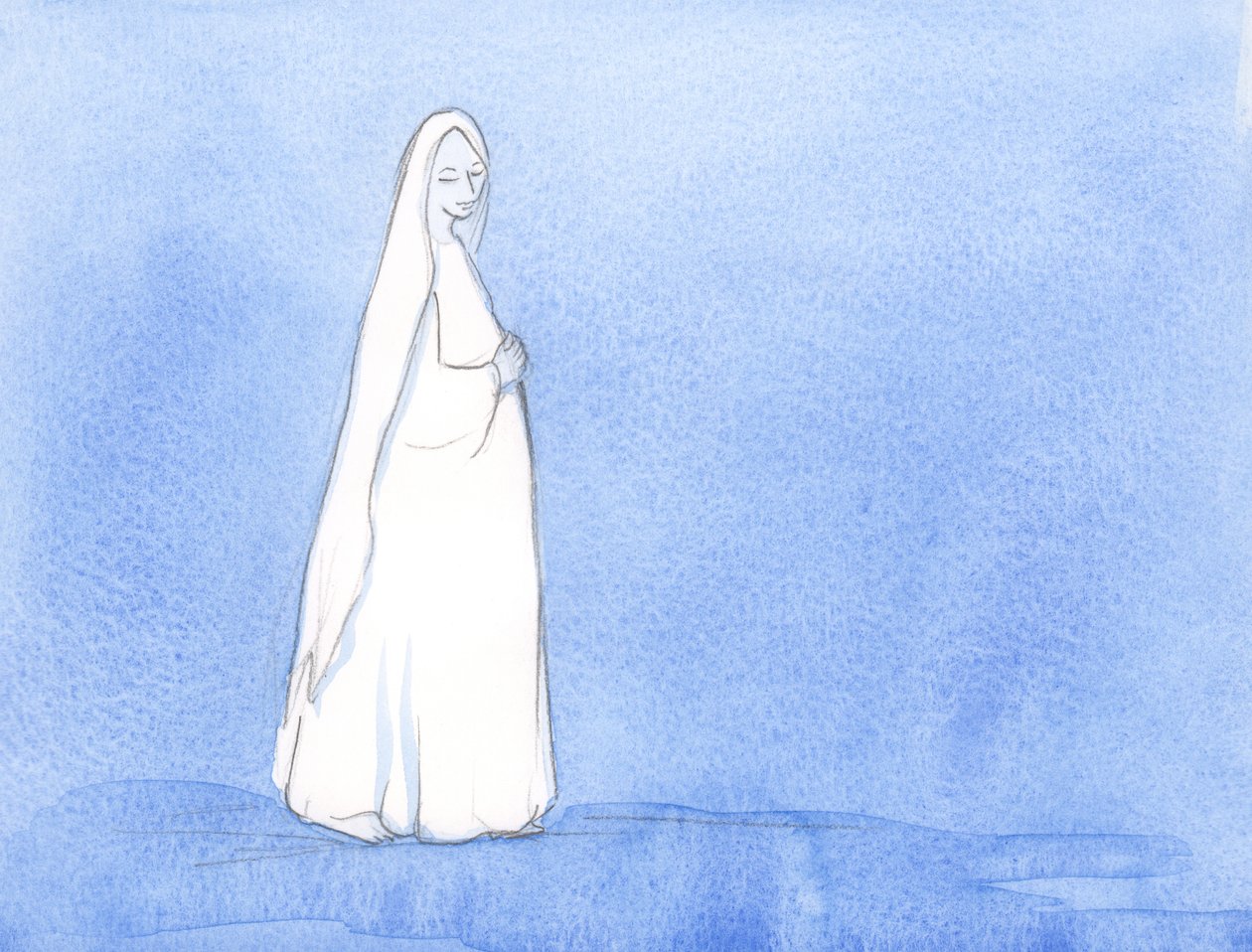 I mange måneder bar Vår Frue Kristus i sitt liv; Hun hadde tid til å reflektere over hennes rolle i Guds plan, 2002 (w/c på papir) av Elizabeth Wang