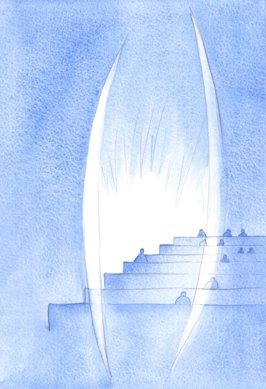 Gud vokter sjelen. Han vokter verdig sjelen som mottar Kristus i den hellige nattverd. Holy Angels står ved siden av oss, i ærbødig stillhet, 2002 (w/c på papir) av Elizabeth Wang