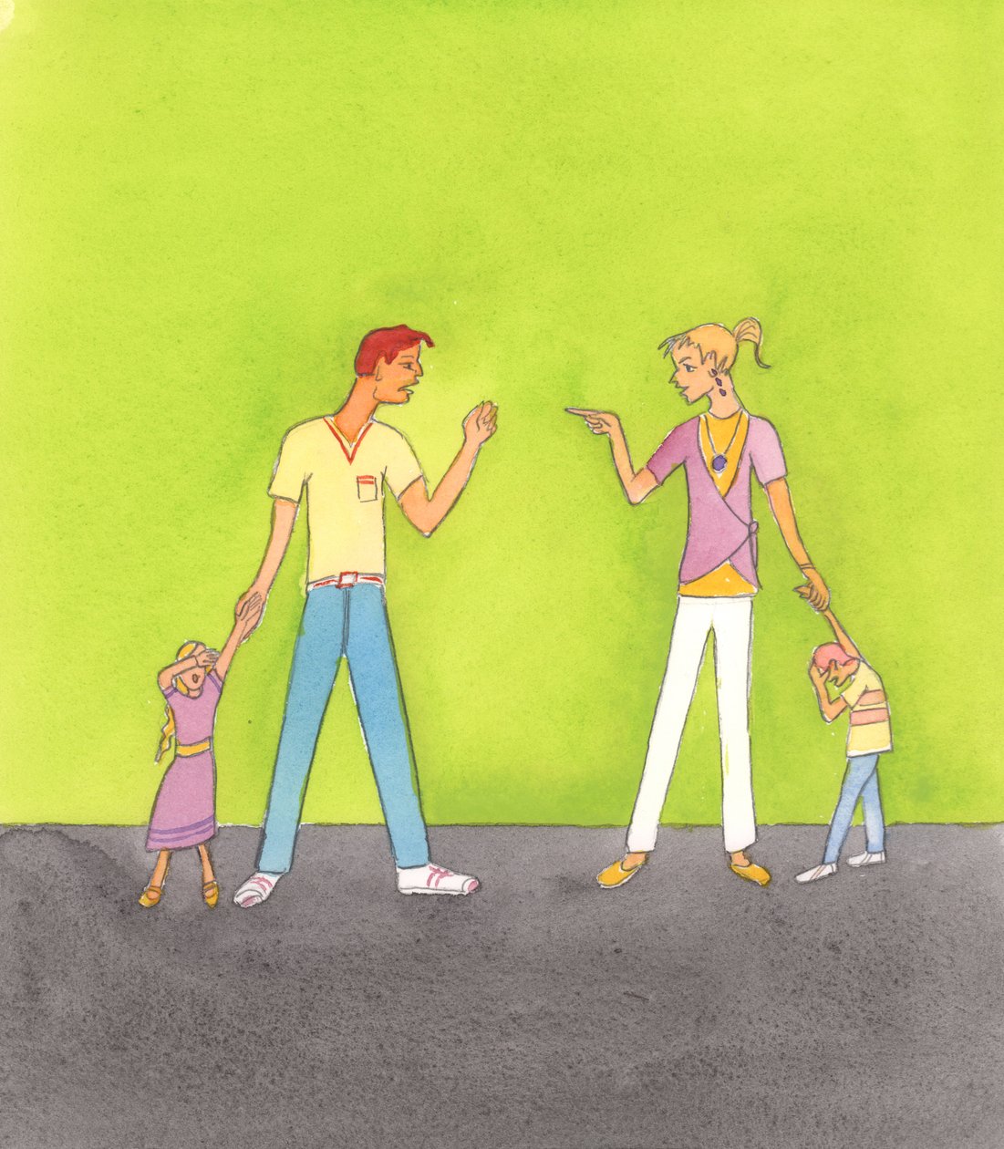 Gud vår Far ønsker ikke å se familier bli ødelagt. Han ønsker ikke å se vold mellom ektefeller, og heller ikke forlatelse, 2005 (akvarell på papir) av Elizabeth Wang