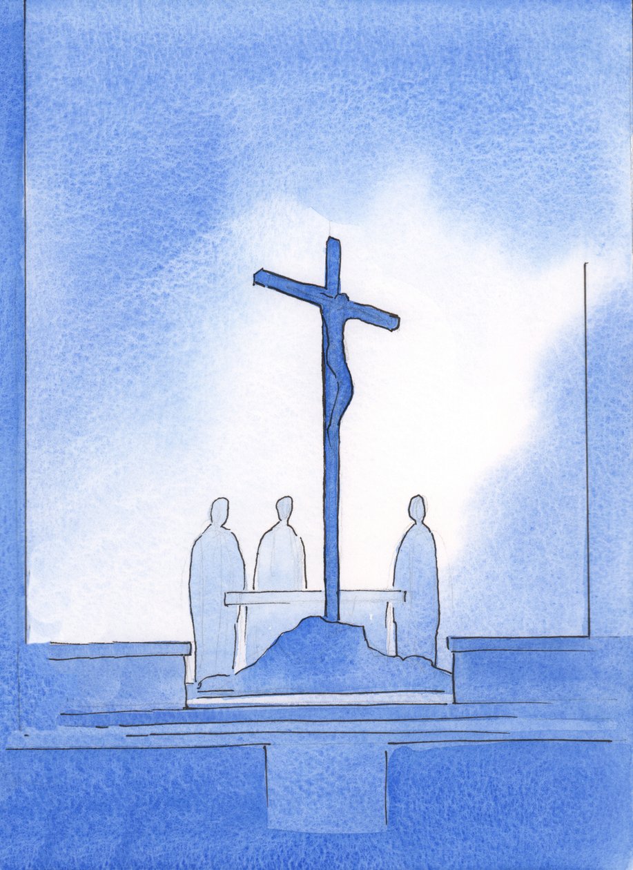 Gud viste meg at våre tre prester som ofret det hellige offer sto rundt korset som Kristus døde på, 2002 (w/c på papir) av Elizabeth Wang