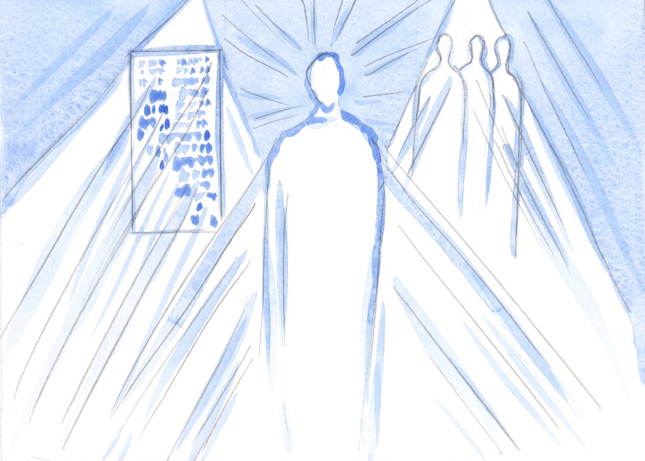 Gud, kilden til alt lys og visdom, nærer oss gjennom ord og gjennom lærere; men i nattverden møter vi den guddommelige sønn, hele personen, 2001 (w/c på papir) av Elizabeth Wang