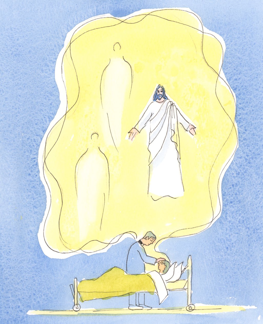Guds gave til de syke er Jesus Kristus selv, med Faderen og Den Hellige Ånd, Én Gud - på jobb i dette sakramentet, 2004 (w/c på papir) av Elizabeth Wang
