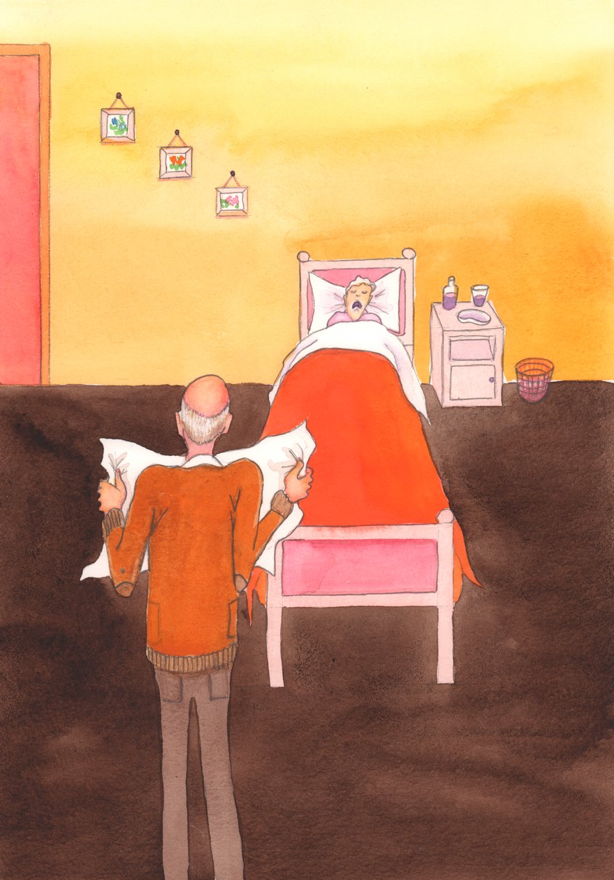 Gode intensjoner er ikke nok. Å drepe er galt, inkludert å drepe syke og eldre, selv om vi har en god intensjon i tankene., 2004 (akvarell på papir) av Elizabeth Wang