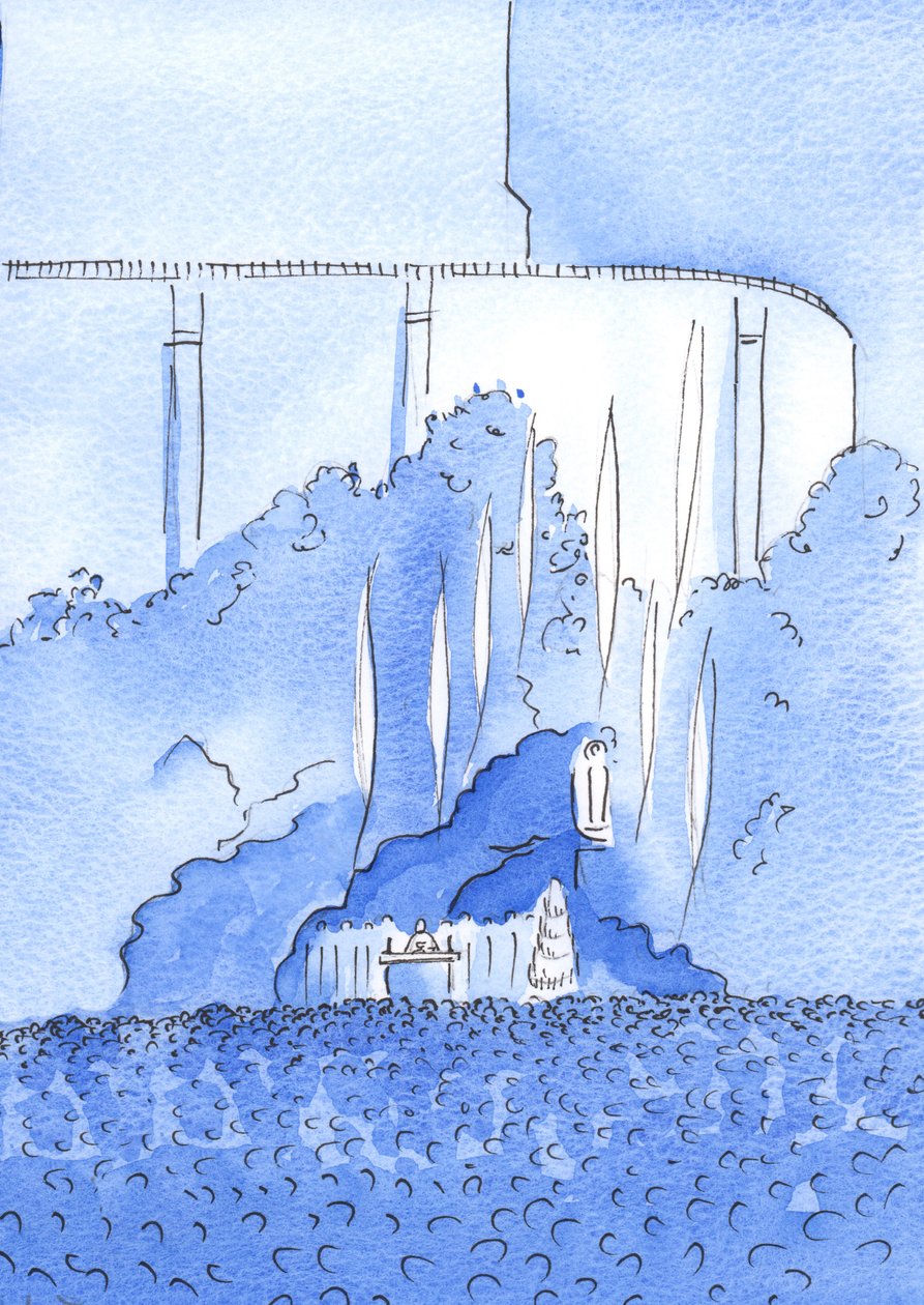 Hellig messe feires i grotten i Lourdes. Englene svever over grotten, 2002 (w/c på papir) av Elizabeth Wang