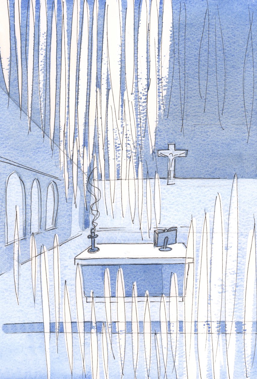 Hvor mange engler! Et stort antall ble samlet i kirken for å feire Vår Frues høytid, uansett hvor få de troende., 2001 (w/c på papir) av Elizabeth Wang