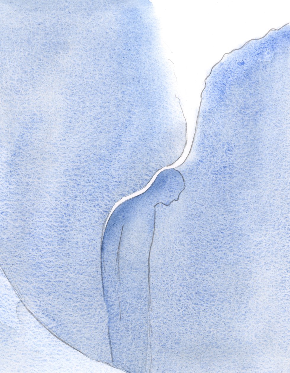Hvor fantastisk sender vår Hellige Frues bønn ned en skinnende strøm av nåde, som en beroligende balsam, over en ventende sjel i Skjærsilden., 2001 (w/c på papir) av Elizabeth Wang