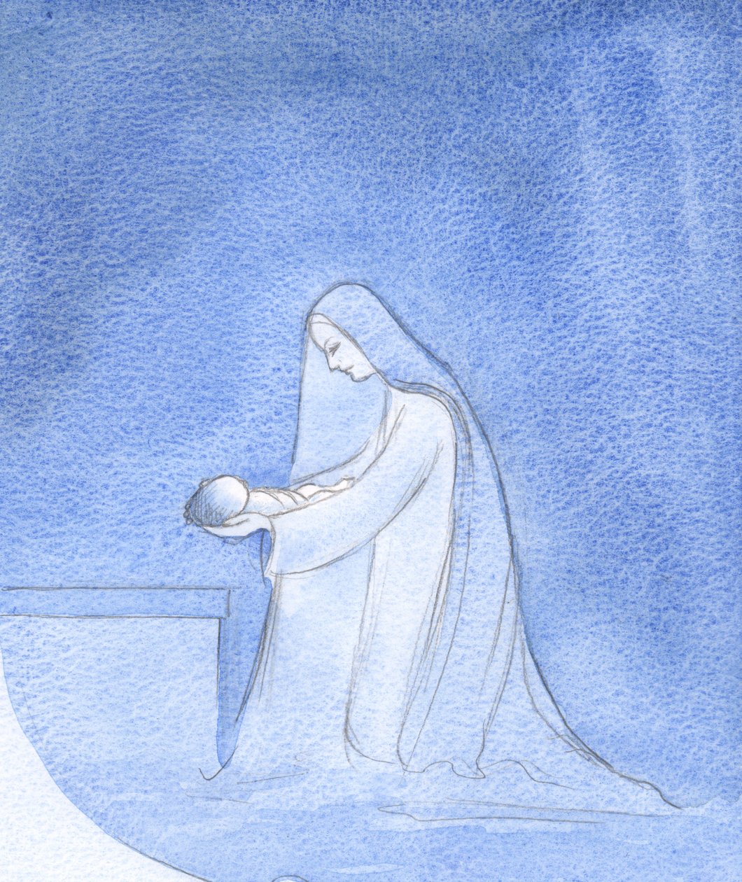 Hvor enkelt la Mary, kneltende, ned babyen sin for å sove, uten tanker om sin egen privilegerte rolle., 2001 (w/c på papir) av Elizabeth Wang