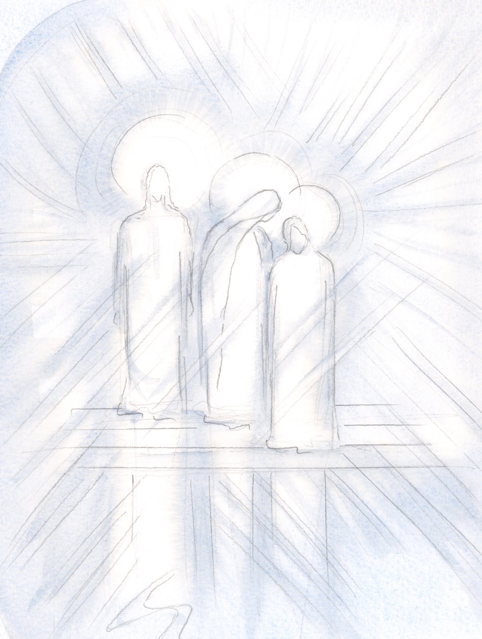 Jeg så Jesus tydelig, hans hellige mor ved hans side, og den hellige Josef ved siden av henne. Kristus gir dem til oss, som hjelpere og eksempler, 2000 (w/c på papir) av Elizabeth Wang