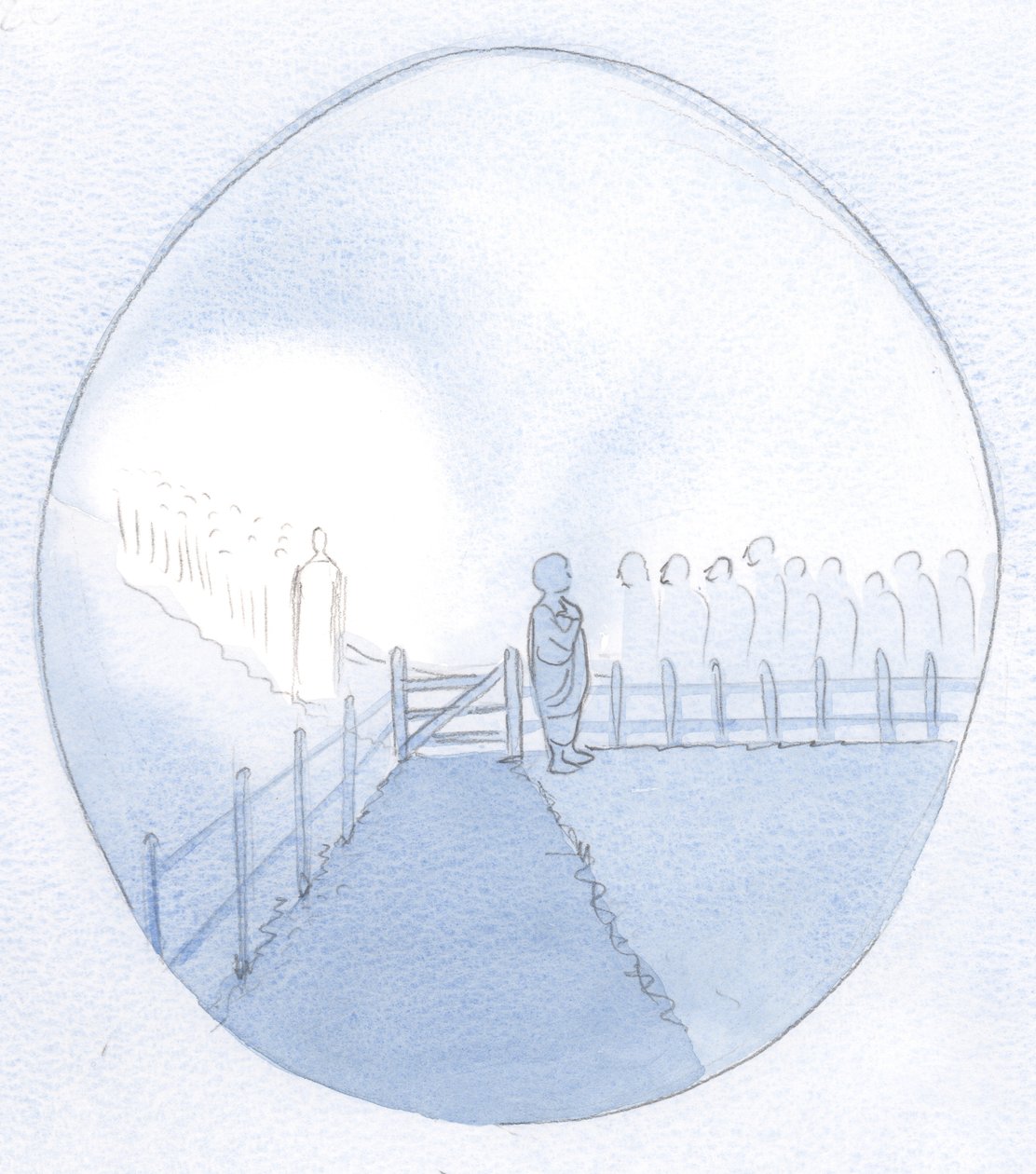 Jeg så en forfengelig sjel som en liten bondekvinne som var full av selvbetydning og ventet på en kongelig besøkende. Men de gjennomborede føttene hans var bare., 2001 (w/c på papir) av Elizabeth Wang