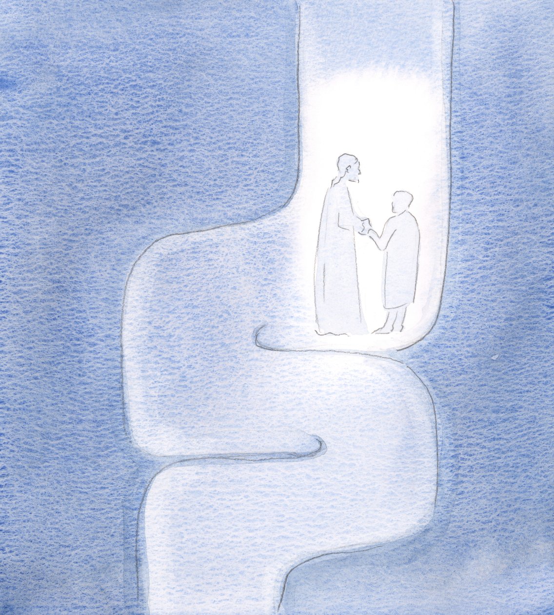 Jeg så at Kristus holder meg under mine reiser, mens vi beveger oss videre til Faderen, som om vi reiste gjennom snoede tunneler, 2000 (w/c på papir) av Elizabeth Wang