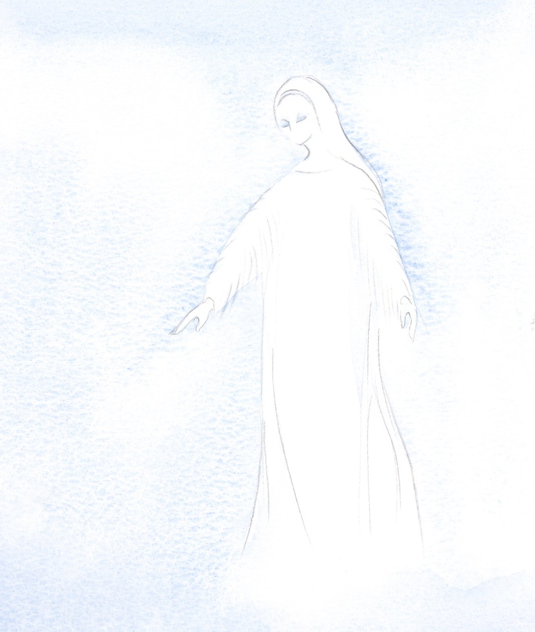 Jeg fikk et glimt av vår hellige mor Marias verdighet og av den herligheten hun nå mottar i himmelen., 2001 (w/c på papir) av Elizabeth Wang