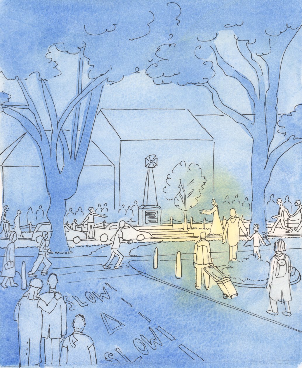 Hvis Jesus gikk gjennom et bysentrum, ville folk skynde seg for å se ham, 2003 (w/c på papir) av Elizabeth Wang
