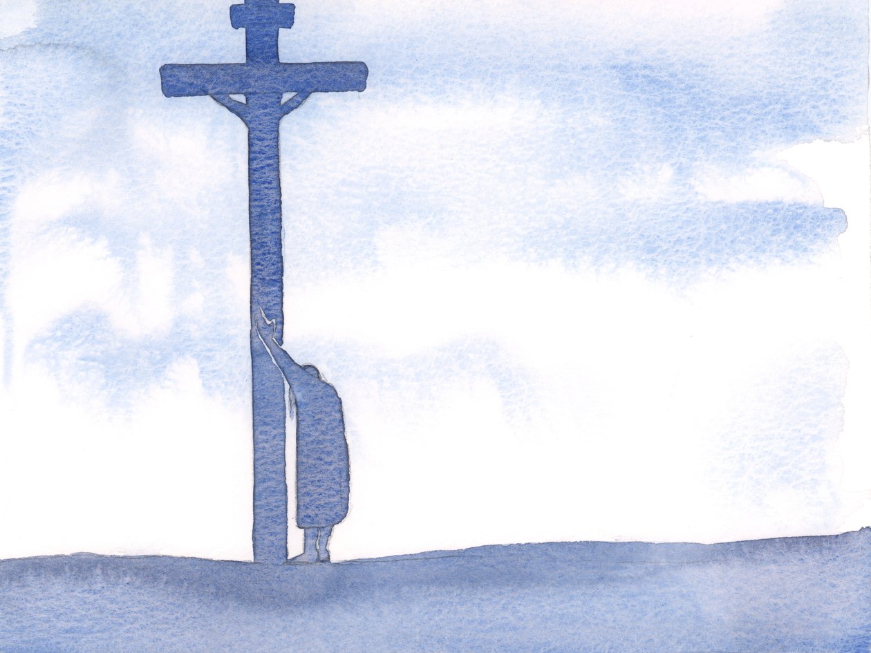 Hvis våre lidelser gjør det vanskelig å be, kan vi bare lene oss på korset, nær Kristus, hvile i ham og tålmodig tåle våre vanskeligheter, 2000 (w/c på papir) av Elizabeth Wang