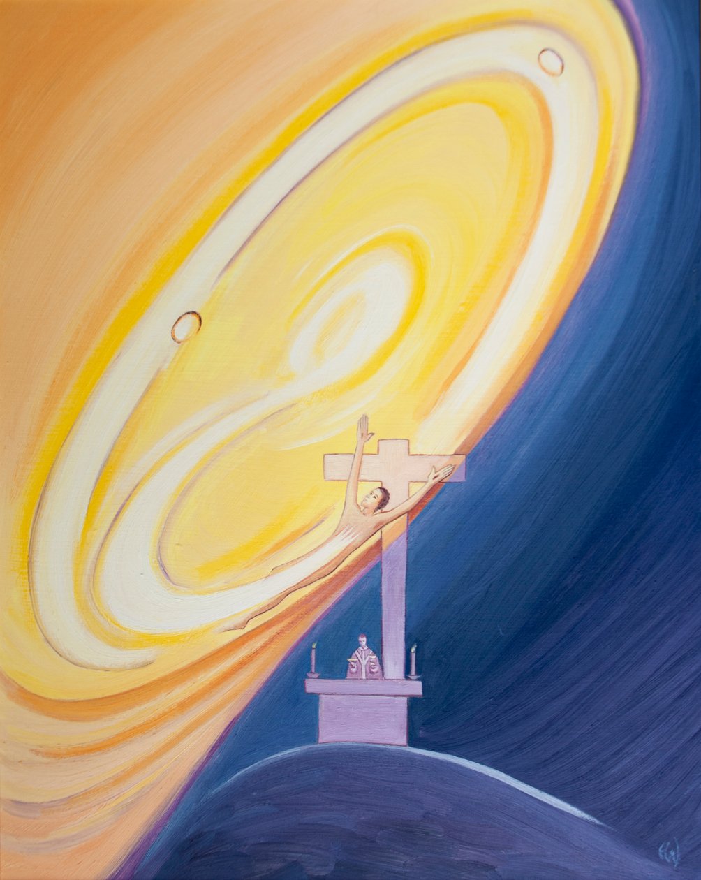 Hvis vi er ett med Kristus i messen i det levende minnesmerket av korsofferet, er vi ett med Kristus i hans evige selvoffer i den hellige treenighets indre liv, 2003 (olje på b). av Elizabeth Wang