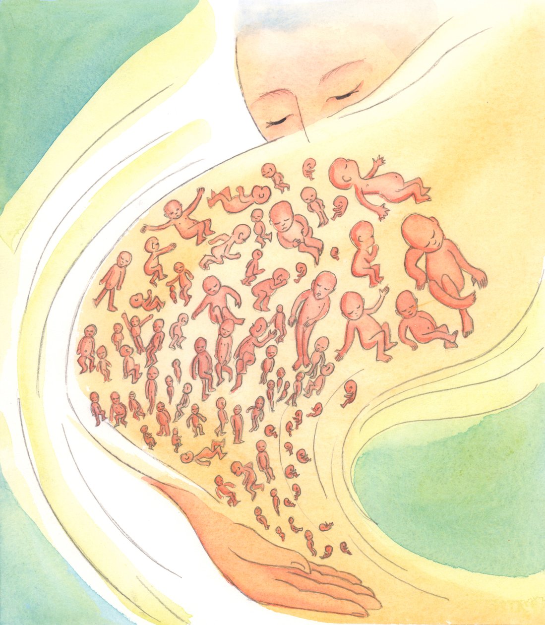 I Guds syn er små babyer som dør - før fødselen eller etter - som stjerneskudd som blusser kort og deretter faller ned fra himmelen, 2002 (w/c på papir) av Elizabeth Wang