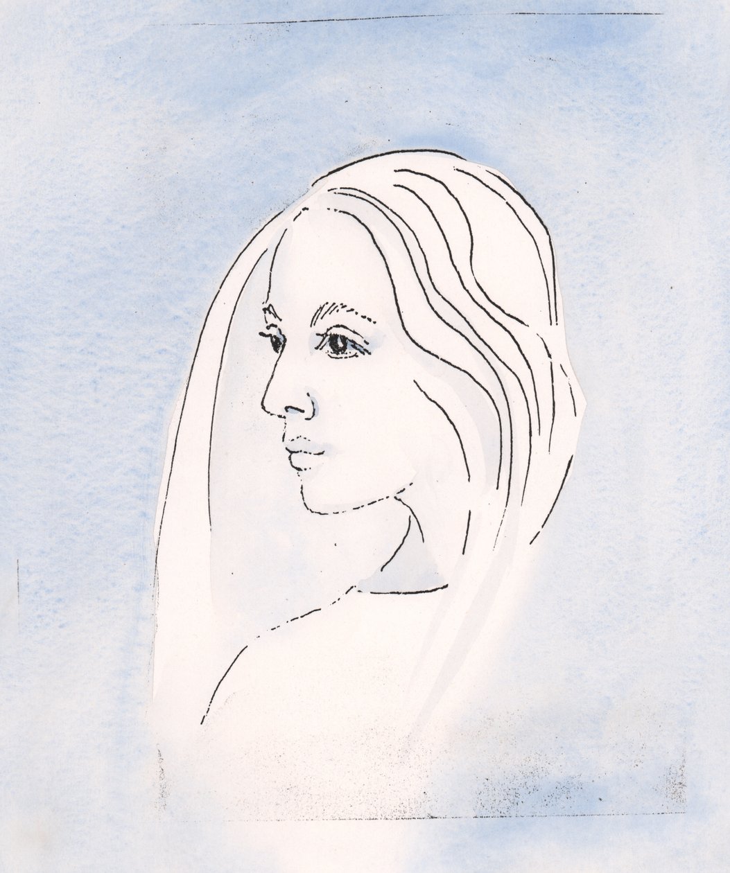 I himmelen deler jomfru Maria sønnens bekymring for alt som skjer på jorden, 2000 (w/c på papir) av Elizabeth Wang