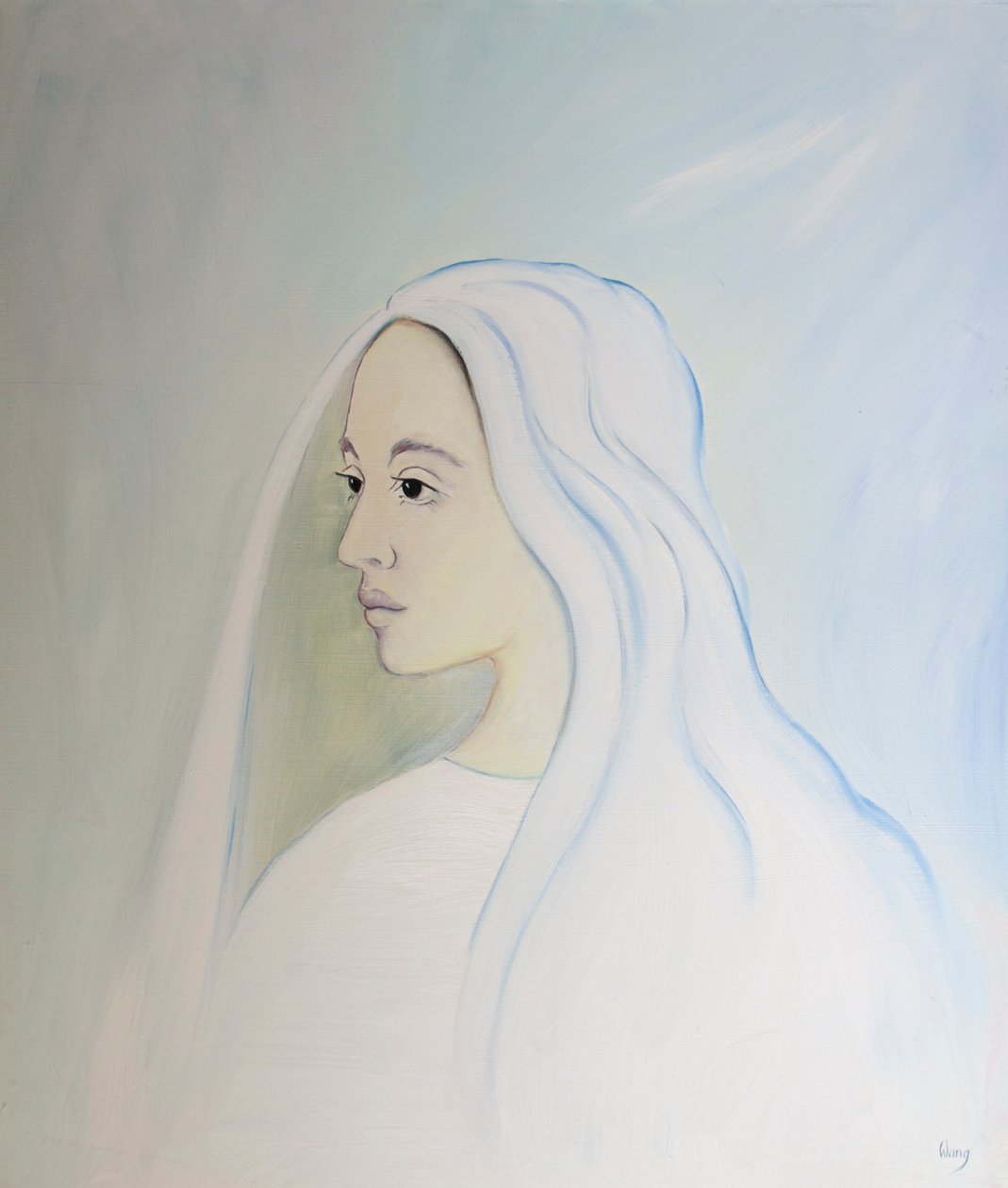 I himmelen deler jomfru Maria sønnens bekymring for alt som skjer på jorden, 2000 (olje om bord) av Elizabeth Wang