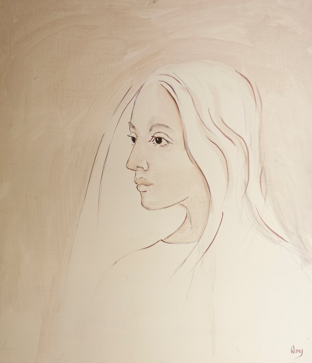 I himmelen deler jomfru Maria sønnens bekymring for alt som skjer på jorden, 2000 (olje om bord) av Elizabeth Wang
