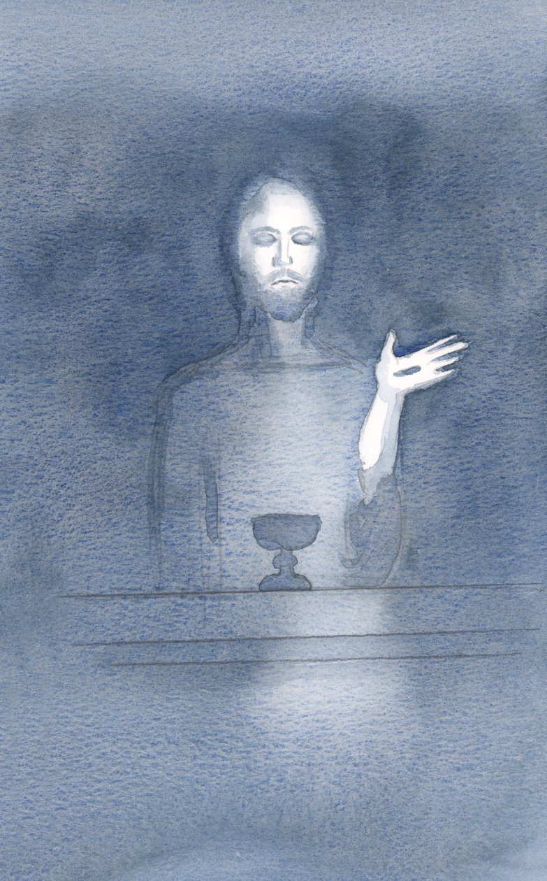 I sin barmhjertighet kommer Kristus til vårt alter, daglig, når vi ønsker ham velkommen, i troens mørke, 2000 (w/c på papir) av Elizabeth Wang