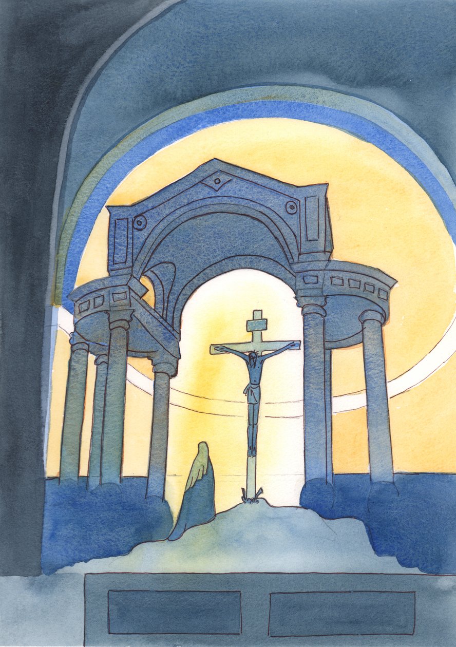 I Westminster Cathedral, og i enhver katolsk kirke, presenteres Golgataofferet på nytt for vår frelse ved messen, 2004 (w/c på papir) av Elizabeth Wang