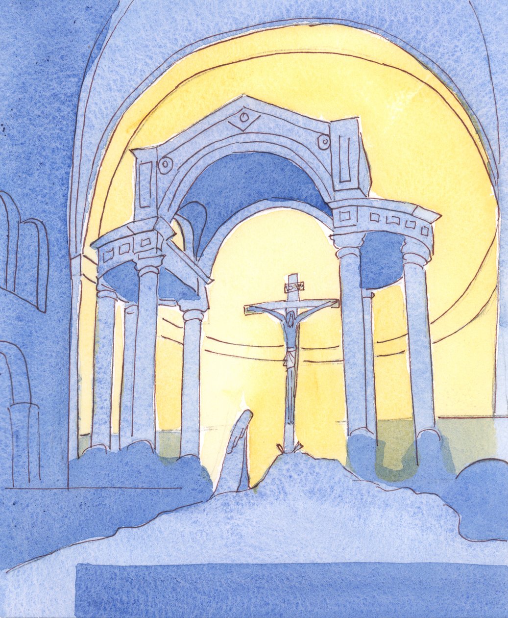 I Westminster Cathedral, og i enhver katolsk kirke, presenteres Golgataofferet på nytt for vår frelse ved messen, 2004 (w/c på papir) av Elizabeth Wang