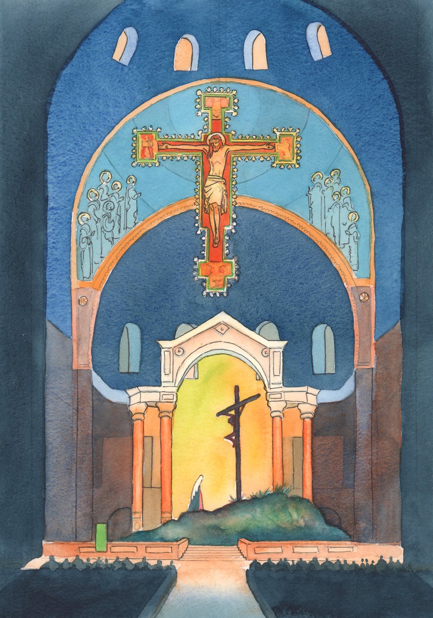 I Westminster Cathedral, og i enhver katolsk kirke, presenteres Golgataofferet på nytt for vår frelse ved messen, 2004 (w/c på papir) av Elizabeth Wang