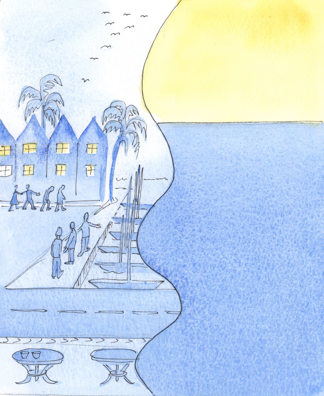 I en kystby kan vi se på de travle gatene og havnen, eller snu oss for å beundre himmelen og det stille havet, 2003 (w/c på papir) av Elizabeth Wang