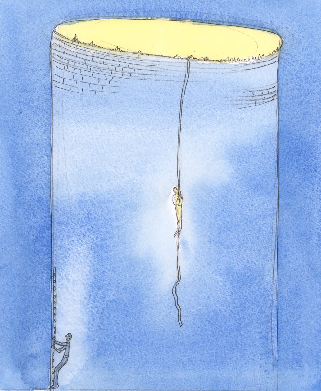 I forbønn er det som om Gud lar en person gå ned på et tau for å redde en annen person som er strandet i en dyp sjakt under jorden, 2004 (w/c på papir) av Elizabeth Wang