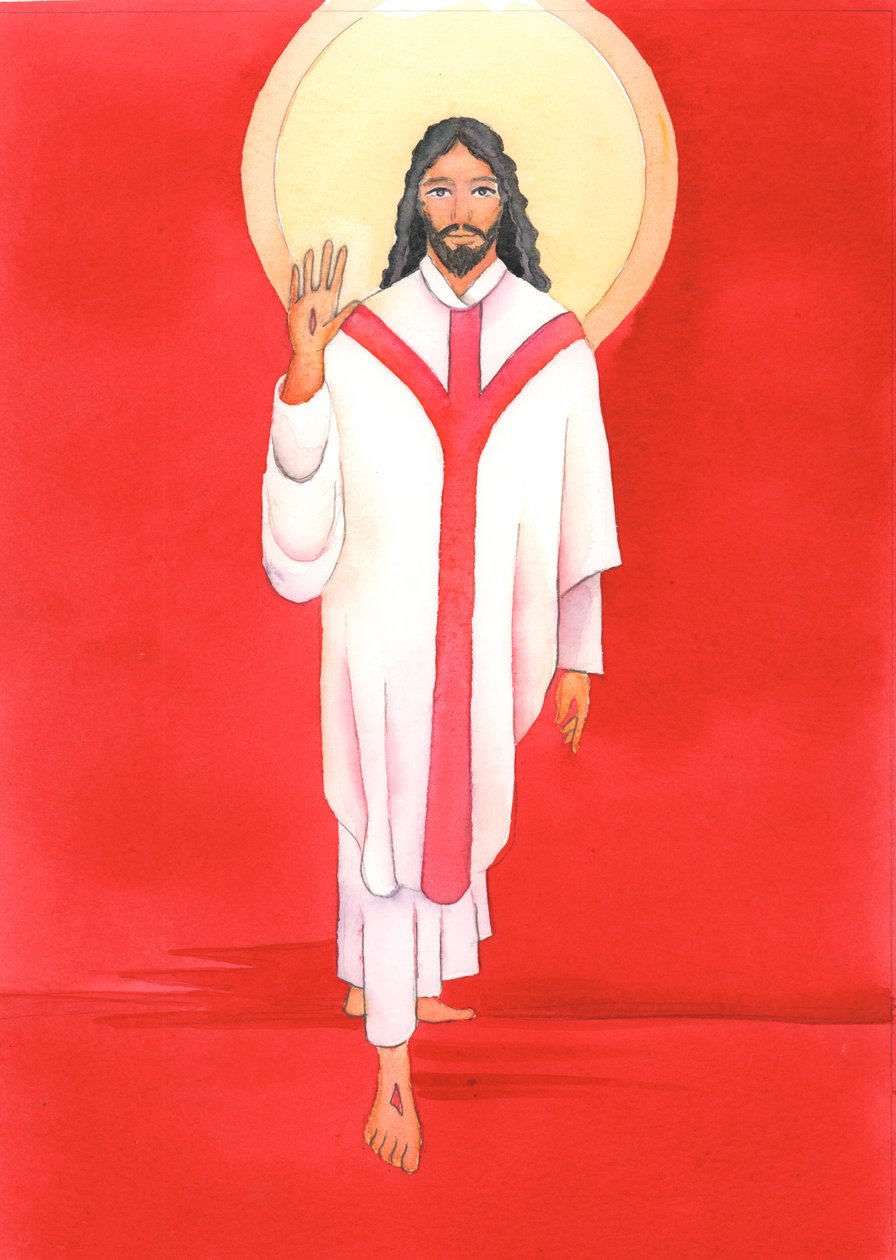 I messen hilser Jesus med stor hengivenhet til alle dem som elsker og ønsker ham velkommen. Han er virkelig tilstede hos oss i nattverden, 2000 (w/c på papir) av Elizabeth Wang