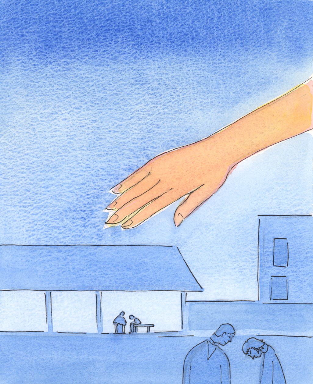 Det er som om Faderens hånd strekker seg ut over de stedene der tilståelser høres, 2003 (w/c på papir) av Elizabeth Wang