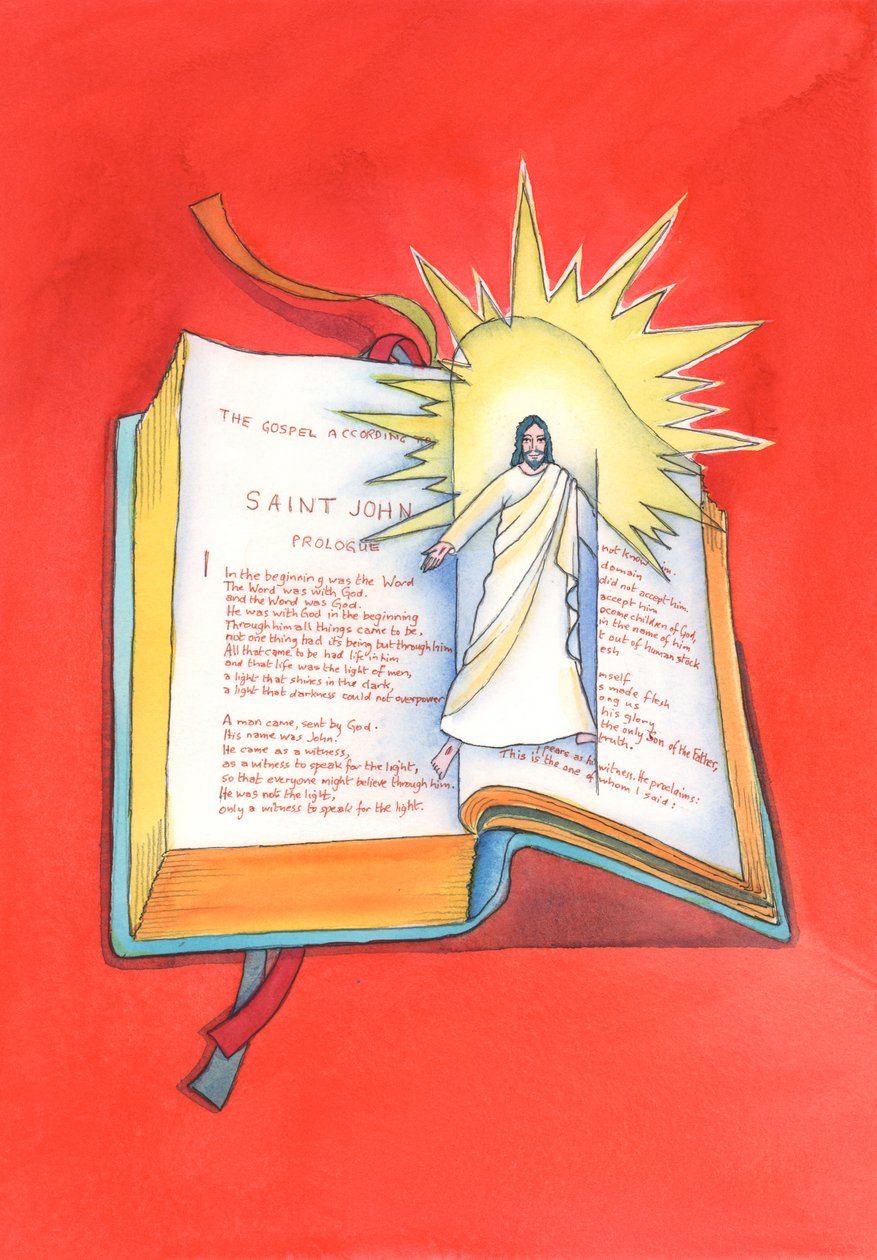 Jesus Kristus er åpenbart for oss gjennom sitt hellige ord, hver gang vi leser Skriften eller hører dem forkynt i messen. Gjennom ham blir vi kjent med Faderen., 2004 (w/c på papir) av Elizabeth Wang
