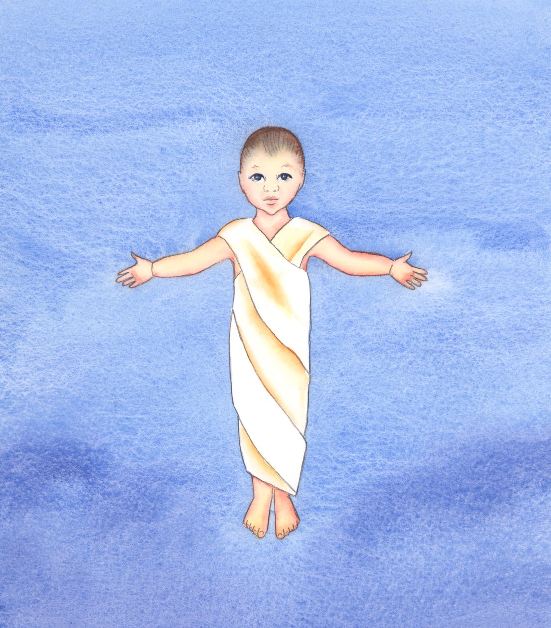 Jesus Kristus er sann Gud, som tok på seg vår menneskelige natur, og hadde ydmykhet og godhet til å komme blant oss som et spedbarn, 2003 (w/c på papir) av Elizabeth Wang