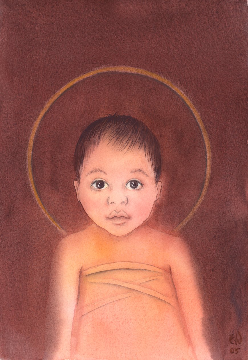 Jesus Kristus er sann Gud, som tok på seg vår menneskelige natur, og hadde ydmykhet og godhet til å komme blant oss som et spedbarn, 2003 (w/c på papir) av Elizabeth Wang
