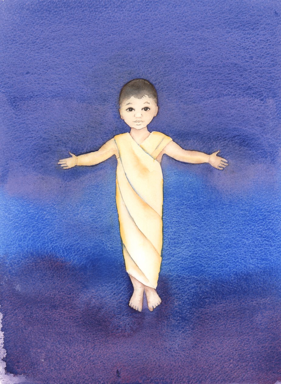 Jesus Kristus er sann Gud, som tok på seg vår menneskelige natur, og hadde ydmykhet og godhet til å komme blant oss som et spedbarn, 2003 (w/c på papir) av Elizabeth Wang