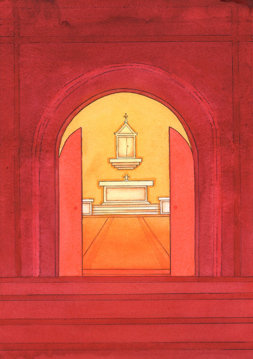 Jesus Kristus er virkelig til stede i det hellige sakramentet i tabernaklet, 2004 (w/c på papir) av Elizabeth Wang