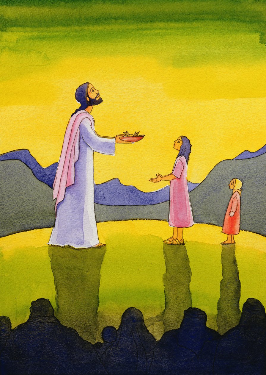 Jesus Kristus utfører underet med brødene og fisken, 2004 (w/c på papir) av Elizabeth Wang