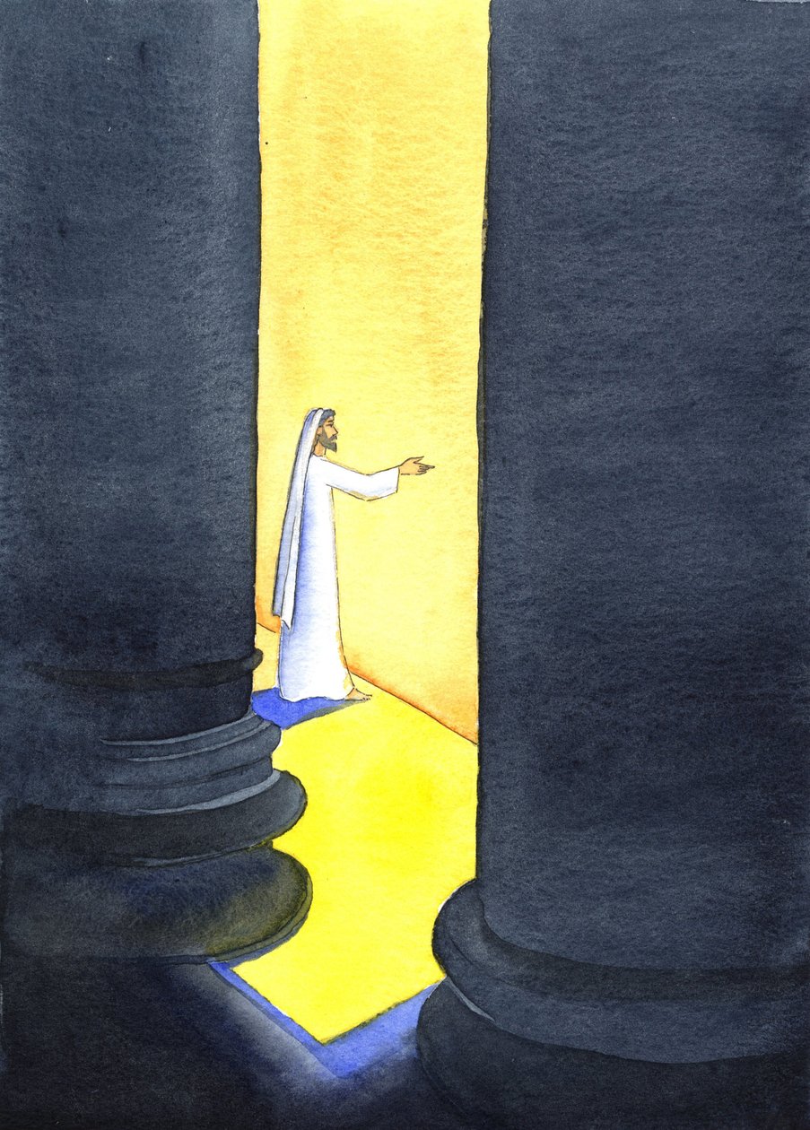 Jesus Kristus forkynte i tempelet, og folkemengdene hang på hans ord, 2001 (w/c på papir) av Elizabeth Wang