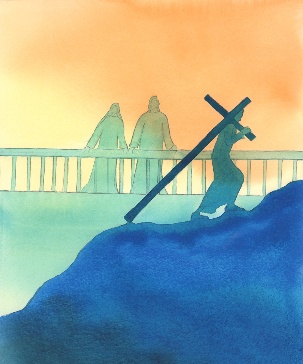Jesus og Maria ser på oss med ømhet mens vi følger vår egen Korsvei, 2000 (w/c på papir) av Elizabeth Wang