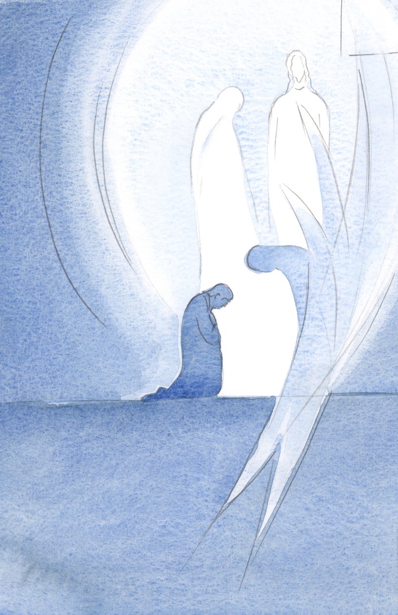 Jesus kom til min sjel med sin hellige mor ved nattverden, usett, og min engel ble med i lovprisningen av Faderen, 2000 (w/c på papir) av Elizabeth Wang